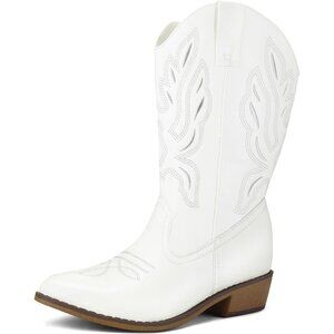 mysoft Women's White Western Cowboy Boots Mid Calf Pointed Toe Cowgirl